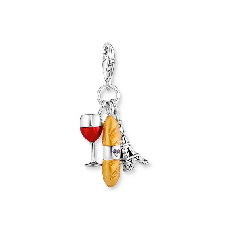Charm Pendant with red wine glass, Eiffel Tower & baguette