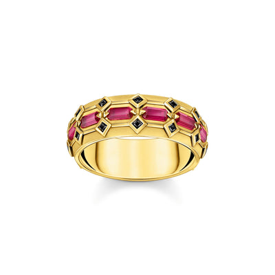 Wide gold plated ring in crocodile design with red stones | THOMAS SABO Australia