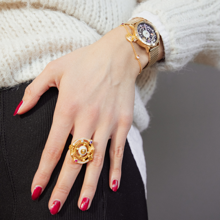 Cosmic cocktail ring with half-ball and stones