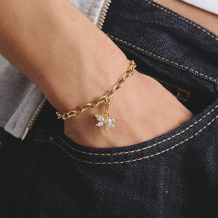 Gold-Plated Dragonfly Charm with White Zirconia