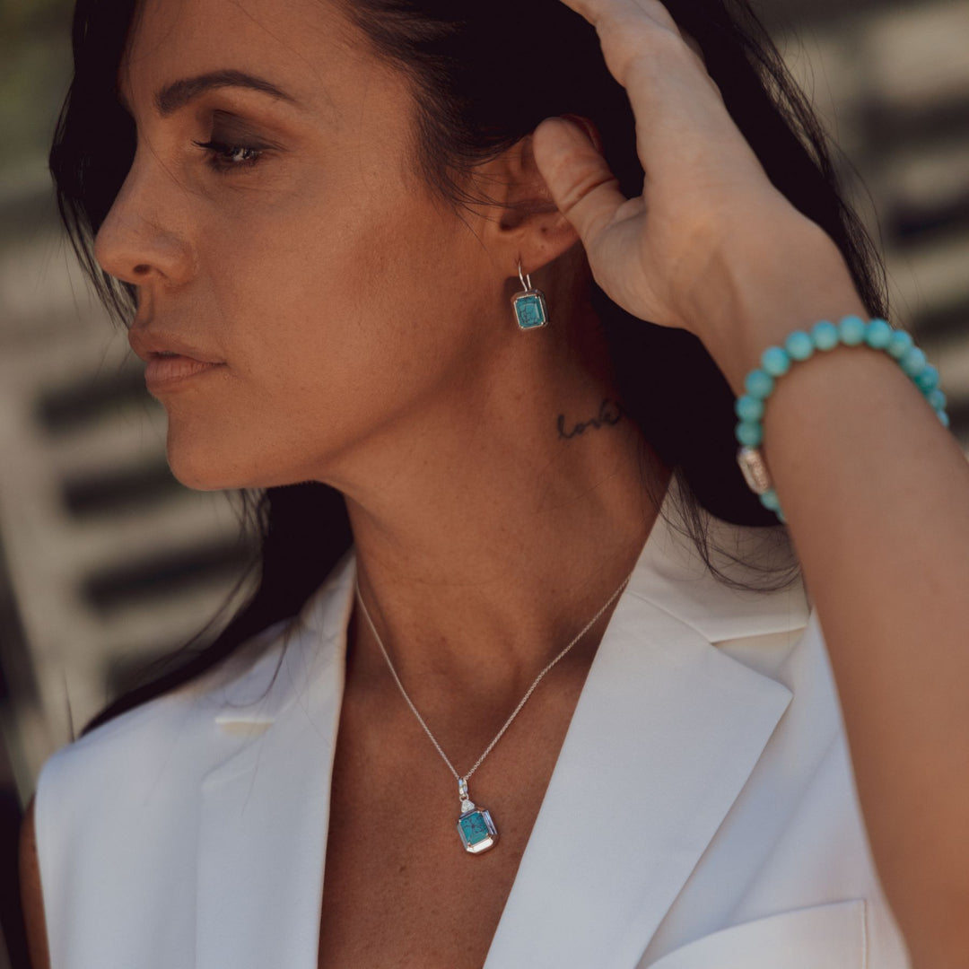 Drop Earrings with Turquoise Octagon Stones Silver