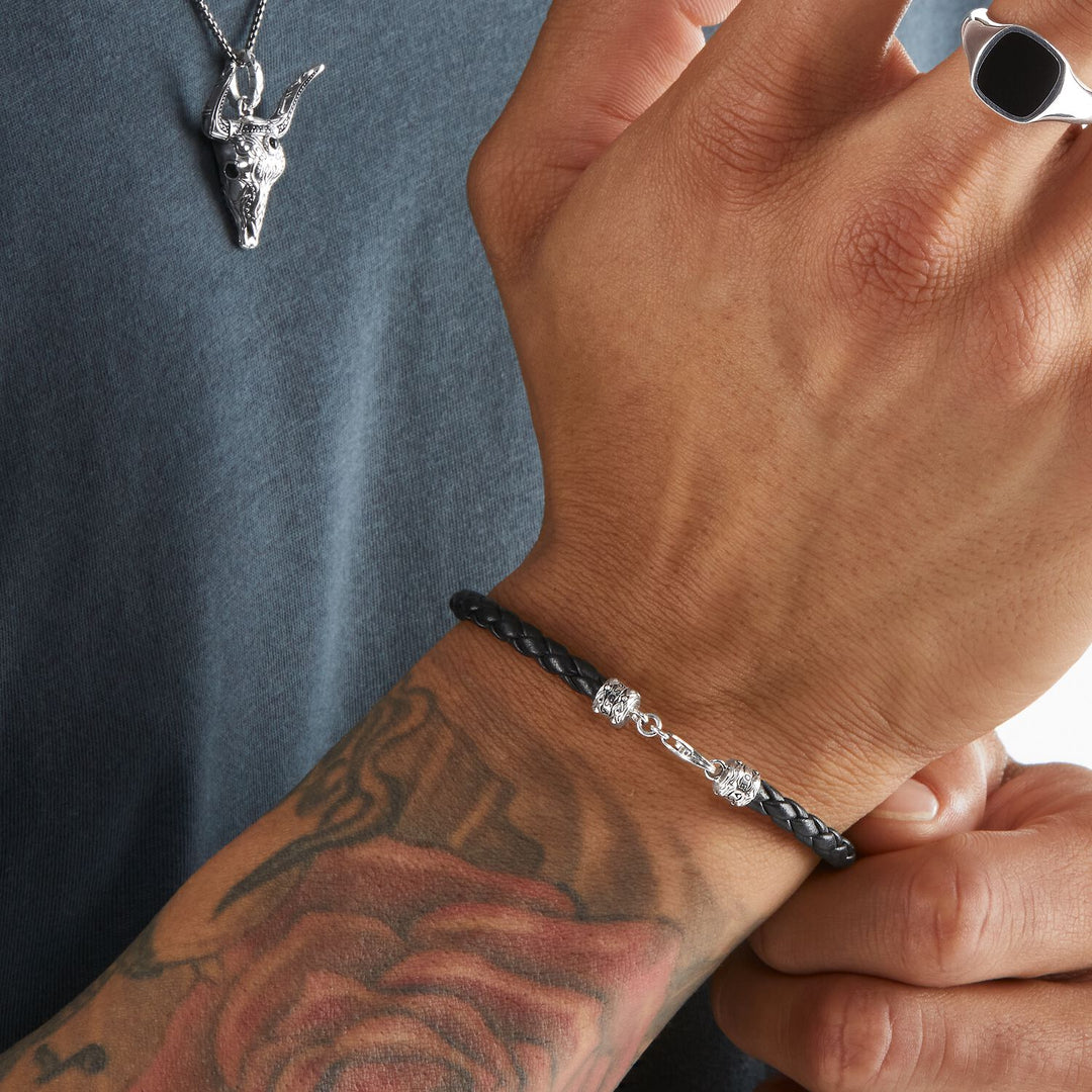 Royal Skull Set: Earrings &amp; Leather Bracelets in Silver
