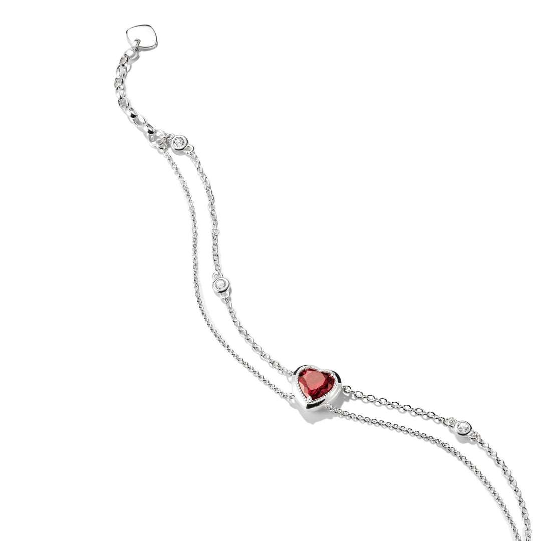 Two-Row Bracelet with Red Heart Stone Silver