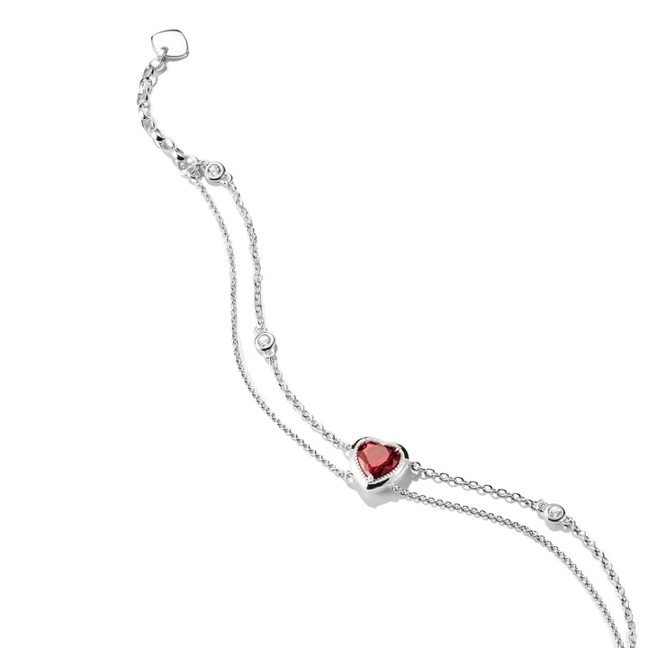 Two-Row Bracelet with Red Heart Stone Silver