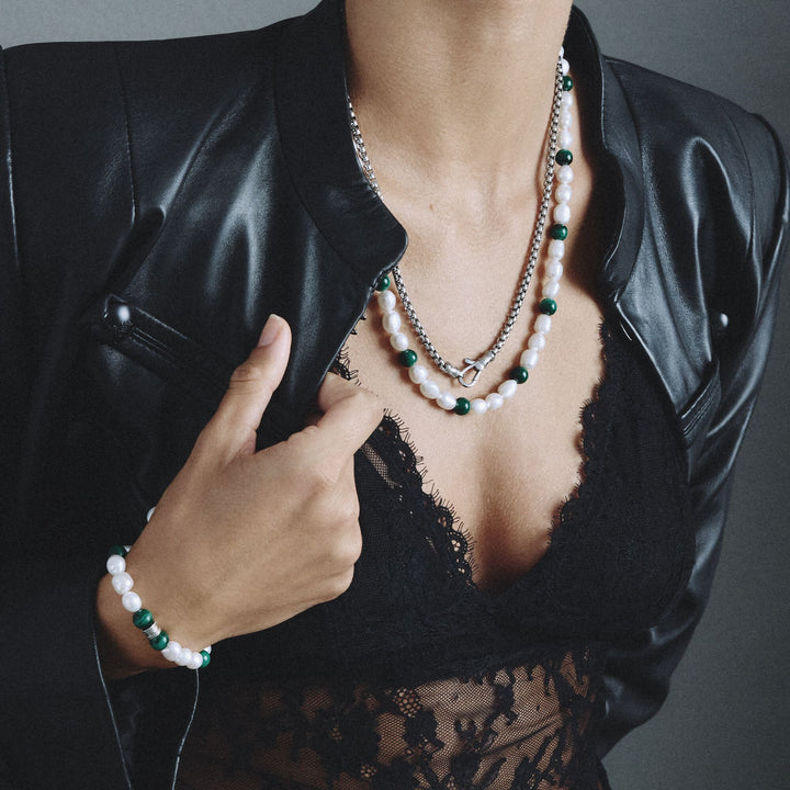 Stainless Steel Malachite and Freshwater Pearl Bracelet