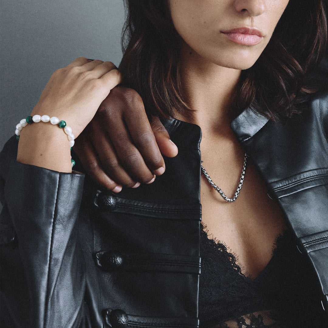 Stainless Steel Malachite and Freshwater Pearl Bracelet