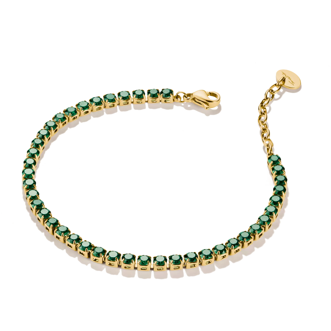 Gold-Tone Stainless Steel Tennis Bracelet with Green Zirconia