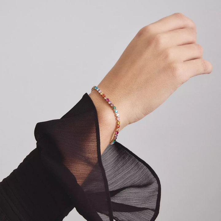 Gold-Tone Stainless Steel Tennis Bracelet with Multicoloured Stones