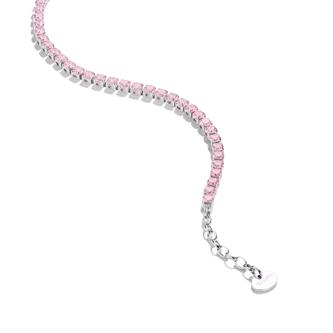 Silver-Tone Stainless Steel Tennis Bracelet with Pink Zirconia