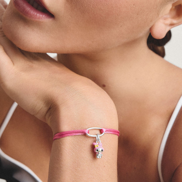 Pink Textile Charm Club Bracelet with Silver-Plated Clasp