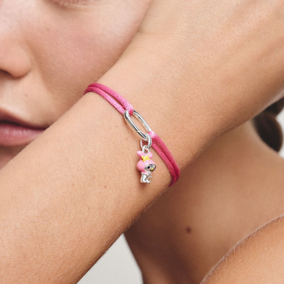Pink Textile Charm Club Bracelet with Silver-Plated Clasp