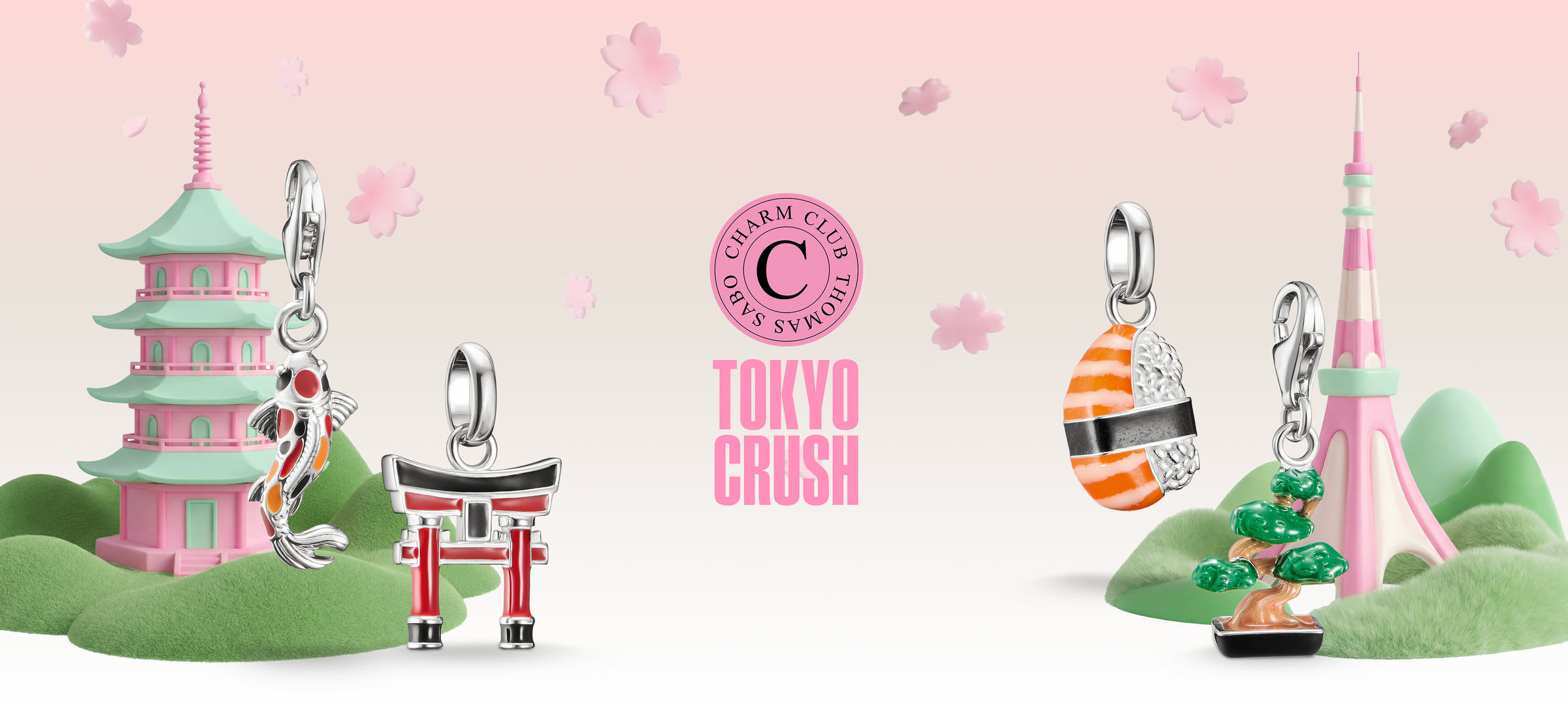 Charm club Tokyo Crush charms with cherry blossoms and a pink background