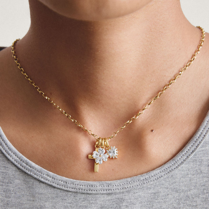 Gold-Plated Four-Leaf Clover Charm with Heart-Cut White Zirconia