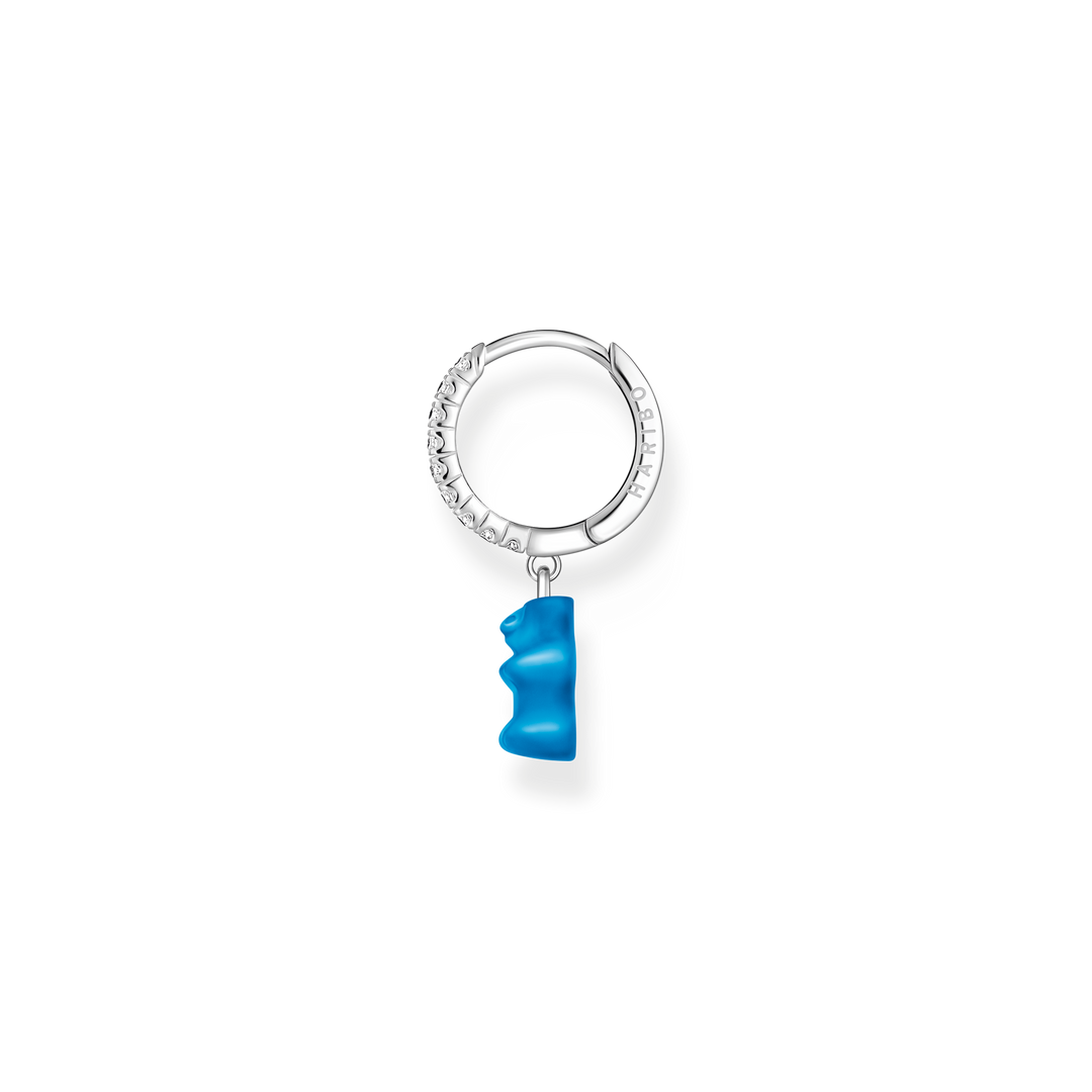Single hoop earring with blue goldbear pendant &amp; zirconia