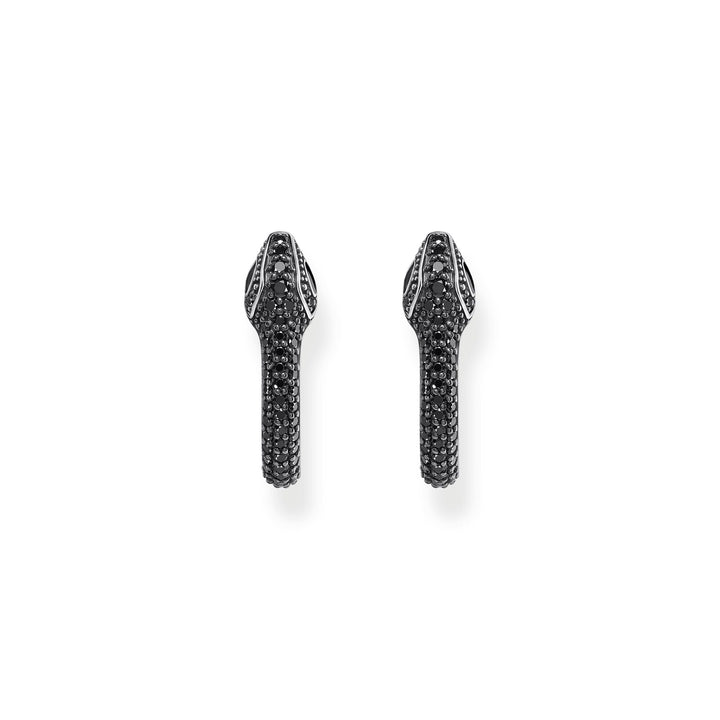 Snake hoop earrings with black zirconia front view