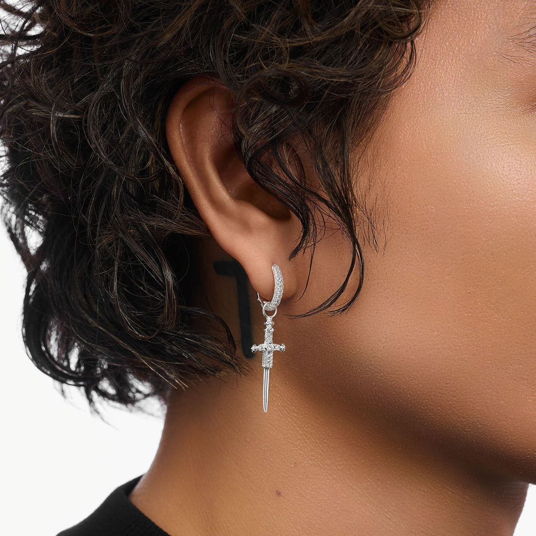 Single hoop earring with sword &amp; white stones