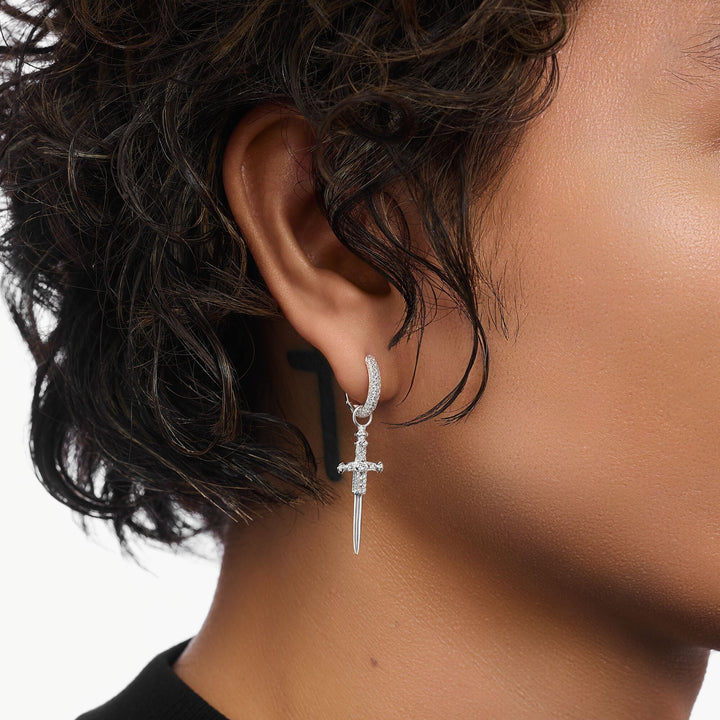 Single hoop earring with sword &amp; white stones