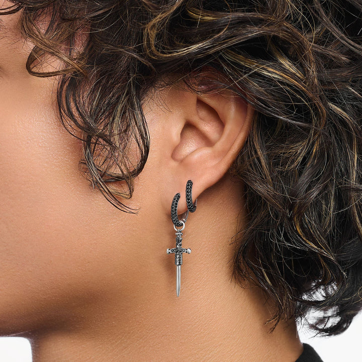 Single hoop earring with sword &amp; black stones