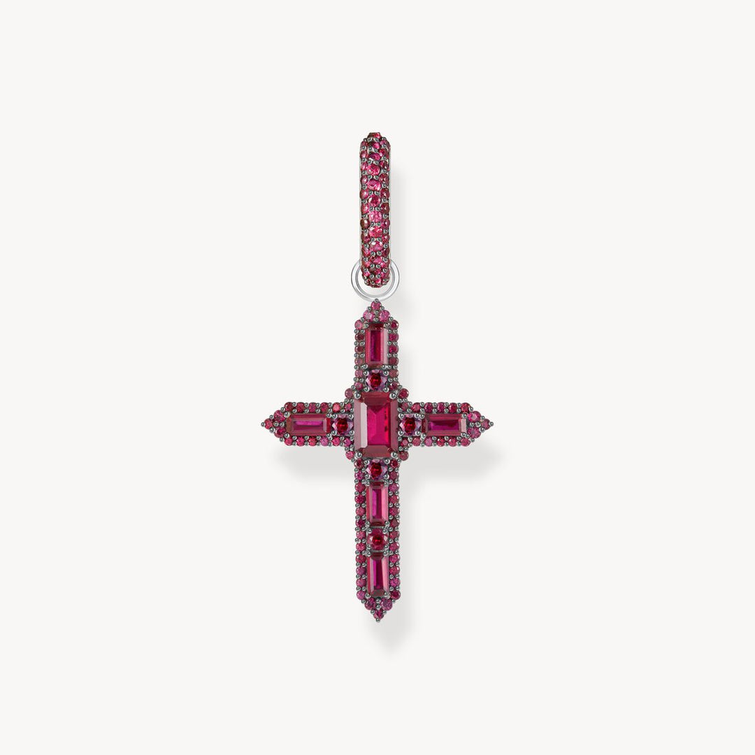 Single Cross hoop earring with ruby red stones