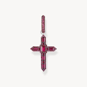 Single Cross hoop earring with ruby red stones