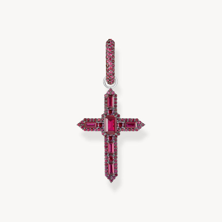 Single Cross hoop earring with ruby red stones