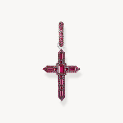 Single Cross hoop earring with ruby red stones