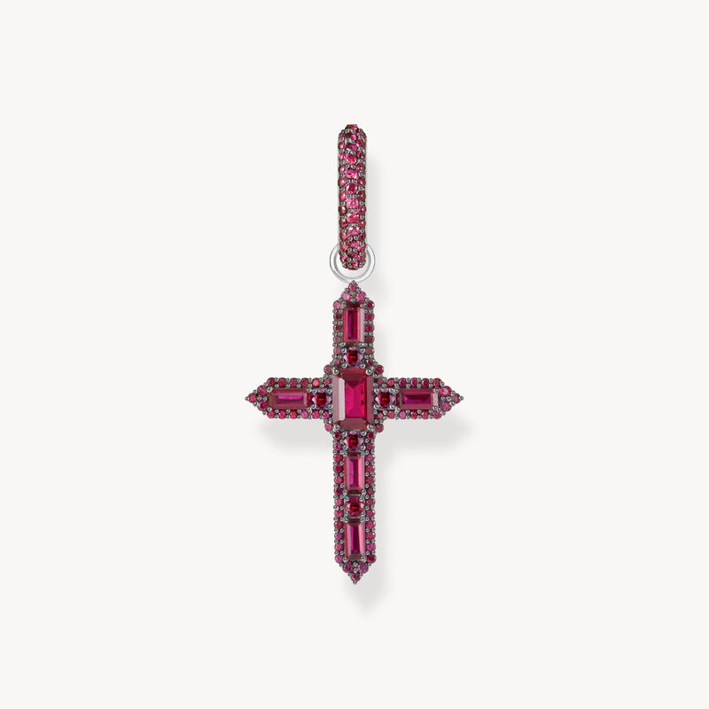 Single Cross hoop earring with ruby red stones