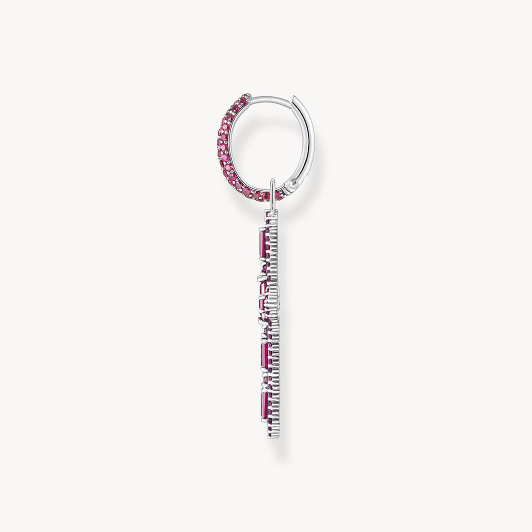 Single Cross hoop earring with ruby red stones