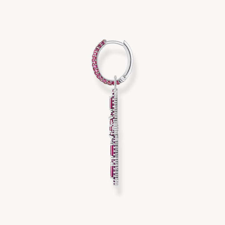 Single Cross hoop earring with ruby red stones