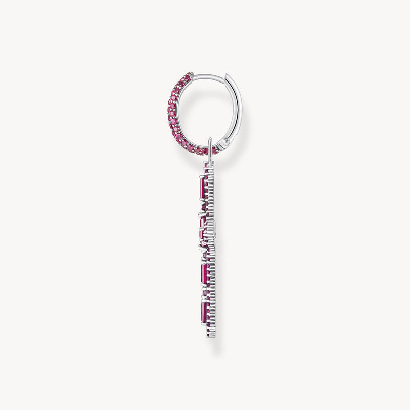 Single Cross hoop earring with ruby red stones