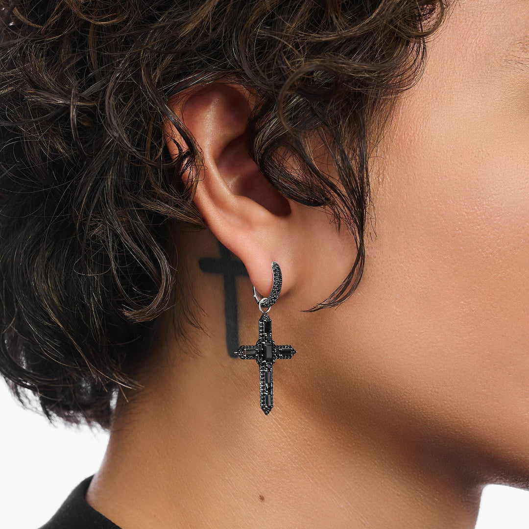 Buy Single Cross hoop earring with black zirconia by Thomas Sabo
