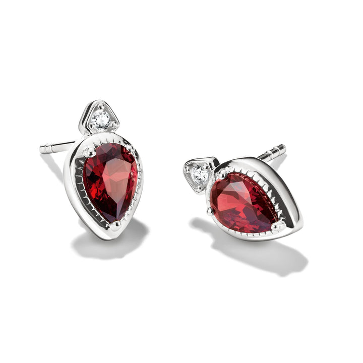 Stud Earrings with Red Teardrop Stones Silver