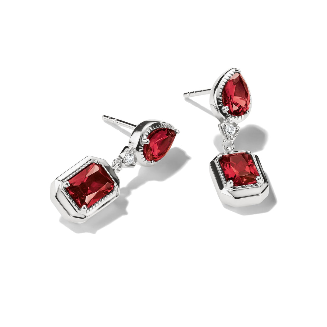 Stud Earrings with Red Octagon Stones Silver