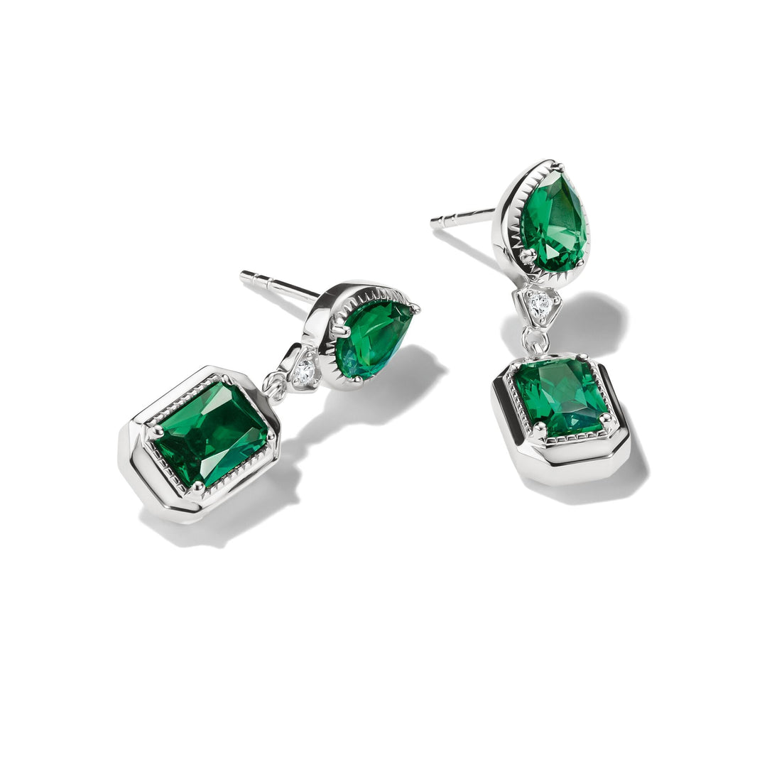 Stud Earrings with Green Octagon Stones Silver