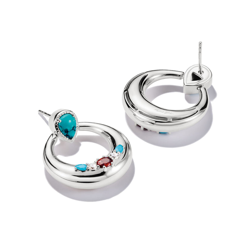 Half-Hoop Earrings with Turquoise, White & Red Stones