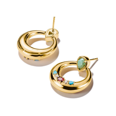 Half-Hoop Earrings with Green, White & Red Stones