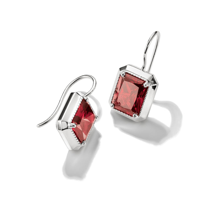 Drop Earrings with Red Octagon Stones Silver