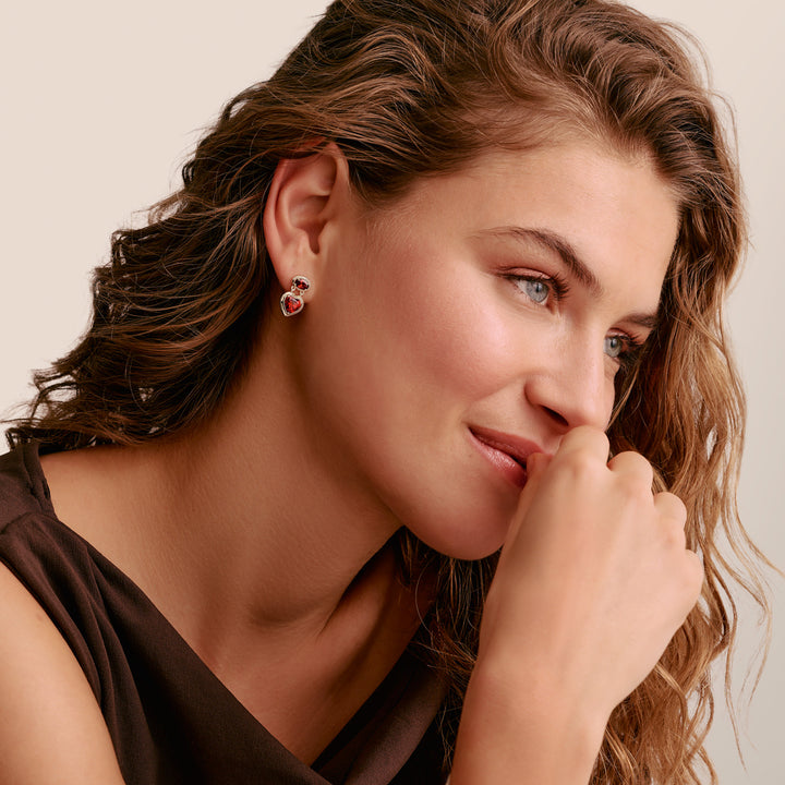 Stud Earrings with Red Heart Stones Silver