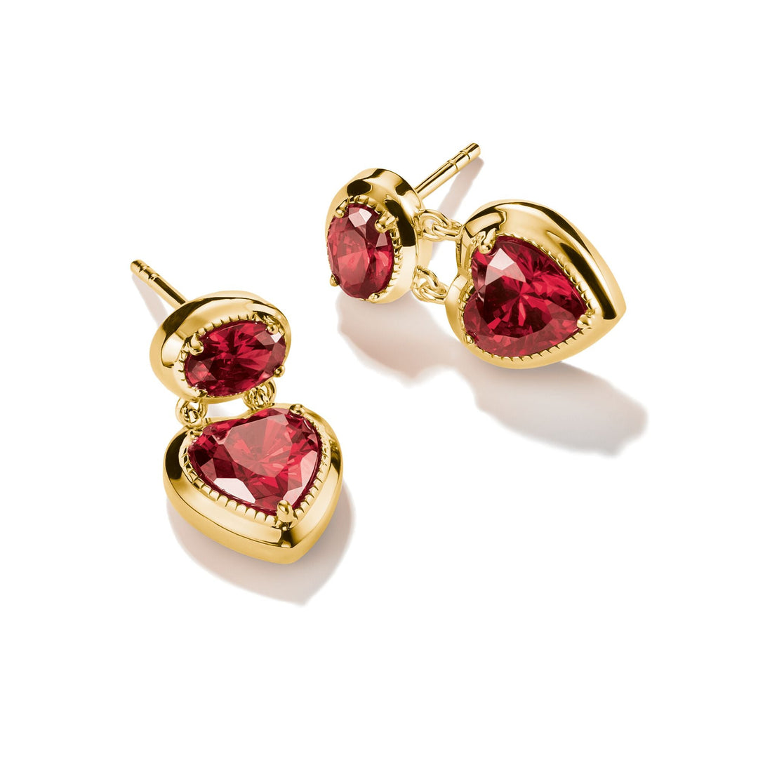 Stud Earrings with Red Heart Stones Gold