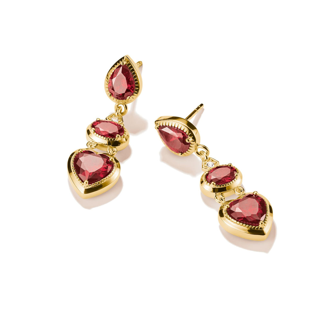 Drop Earrings with Red Heart Stones Gold