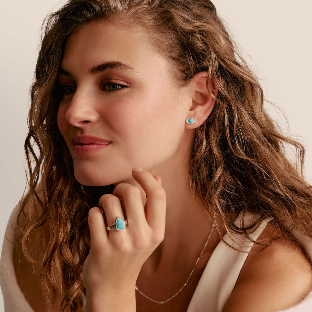 Turquoise Eye Stud Earrings Silver