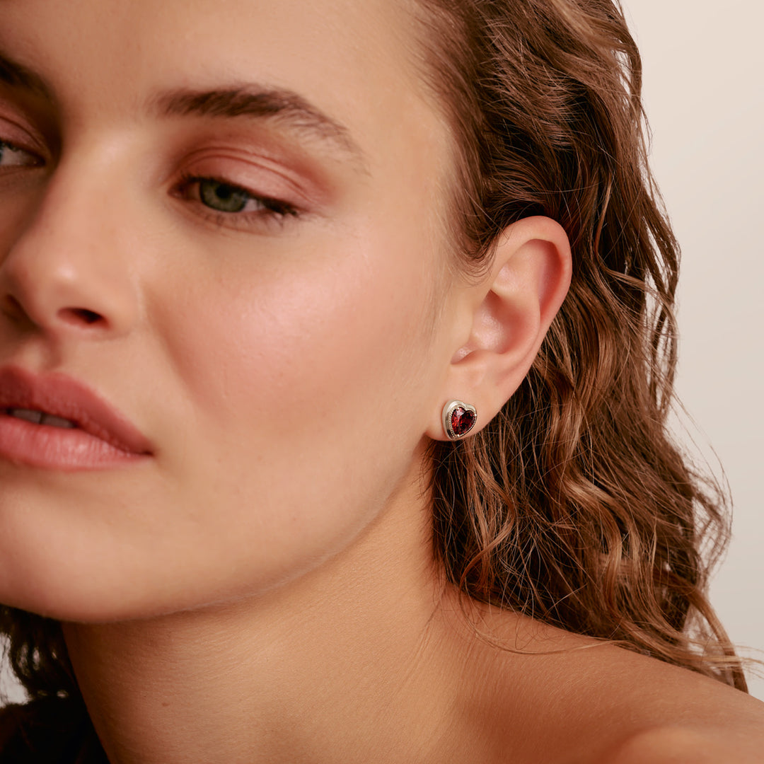 Small Red Heart Stud Earrings Silver
