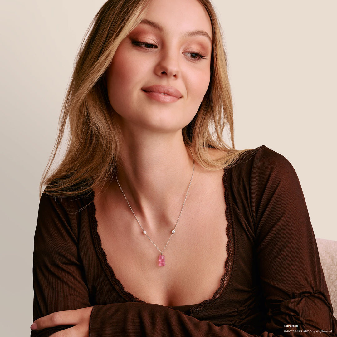 Necklace with pink goldbears pendant &amp; freshwater pearl