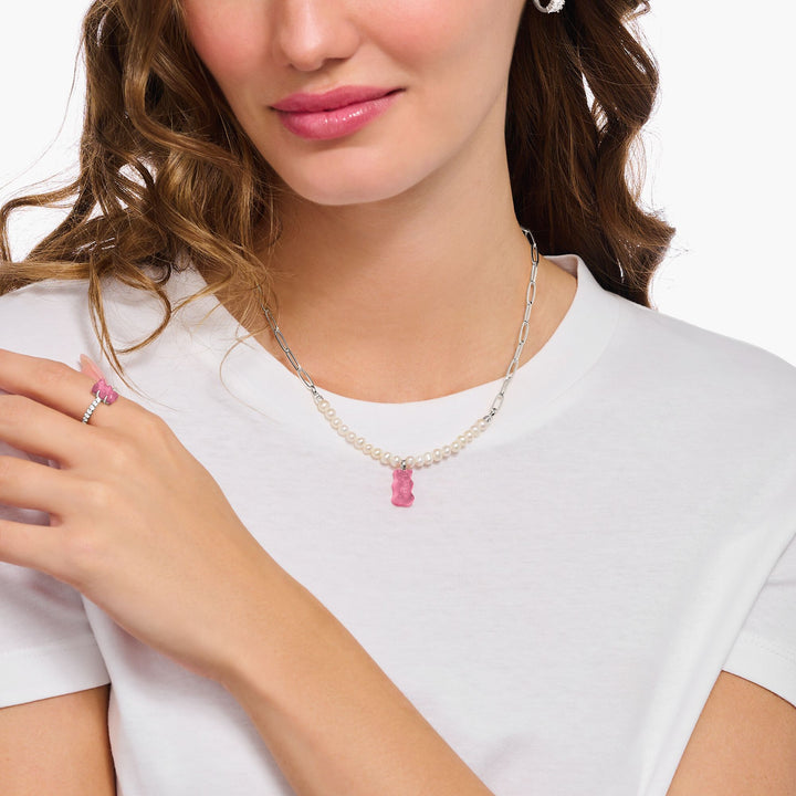 Link necklace with pink Goldbears &amp; freshwater pearls | THOMAS SABO Australia