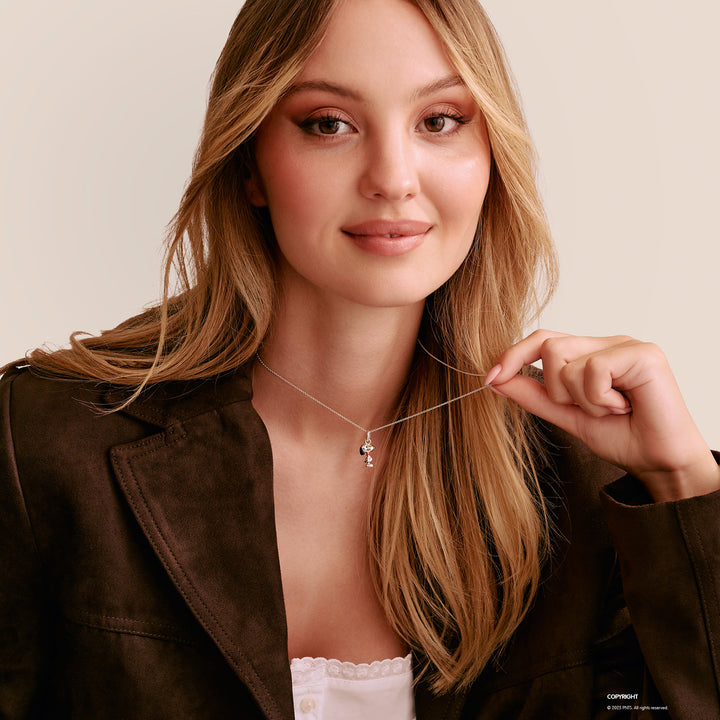 Model wearing THOMAS SABO Peanuts Snoopy sterling silver necklace