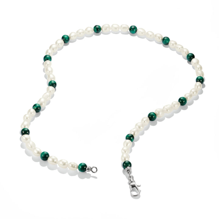 Stainless Steel Malachite and Freshwater Pearl Necklace