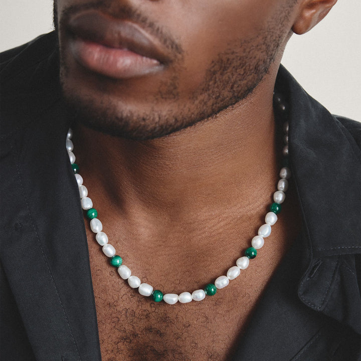 Stainless Steel Malachite and Freshwater Pearl Necklace