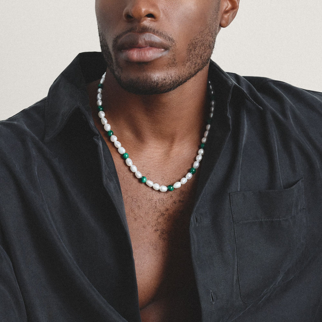 Stainless Steel Malachite and Freshwater Pearl Necklace