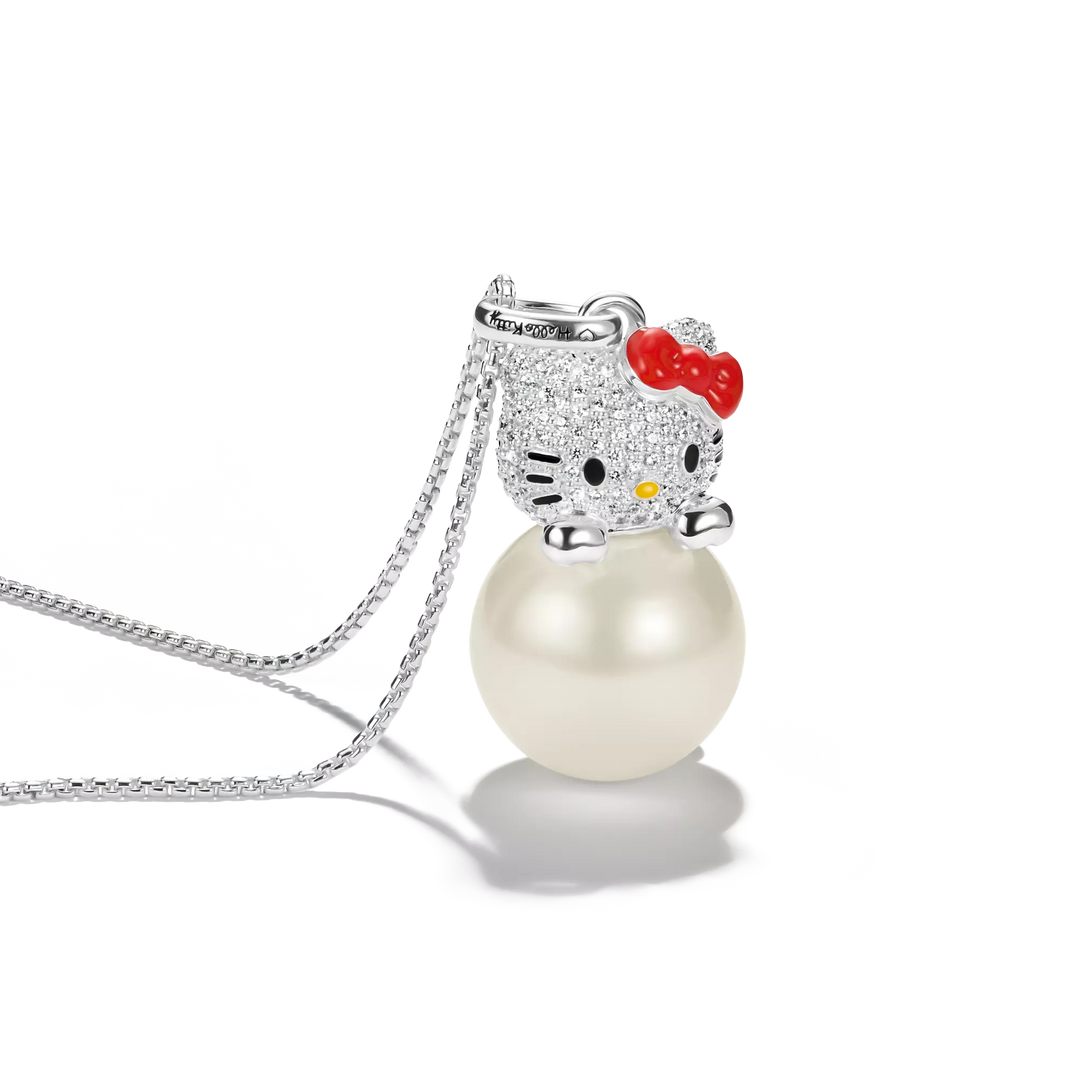 Hello Kitty Pearl Necklace with White Zirconia, Silver-Plated