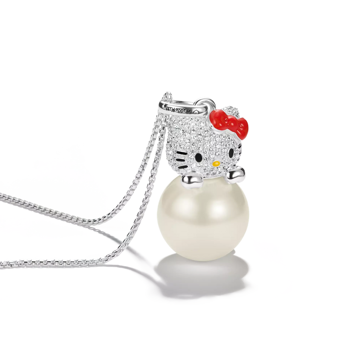 Hello Kitty Pearl Necklace with White Zirconia, Silver-Plated